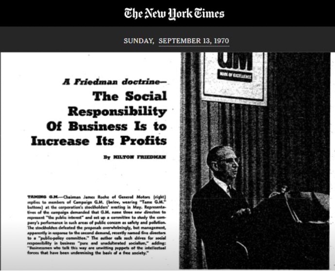 Screenshot of The New York Times from Sunday, September 13, 1970, A Friedman doctrine - The Social Responsibility of Business Is to Increase Its Profits